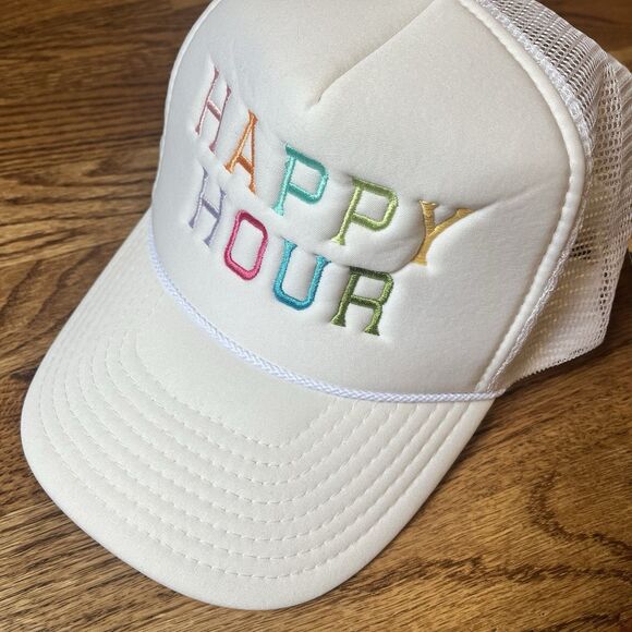 Foam SnapBack Mesh Braid Trucker Hat Cap White “HAPPY HOUR” Colorful NWT Adjust - Picture 8 of 9